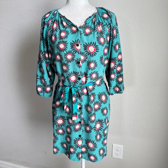 Tucker Silk Belted Shift Dress Women's M Green Print  Button Front Modest Chic - Picture 1 of 9